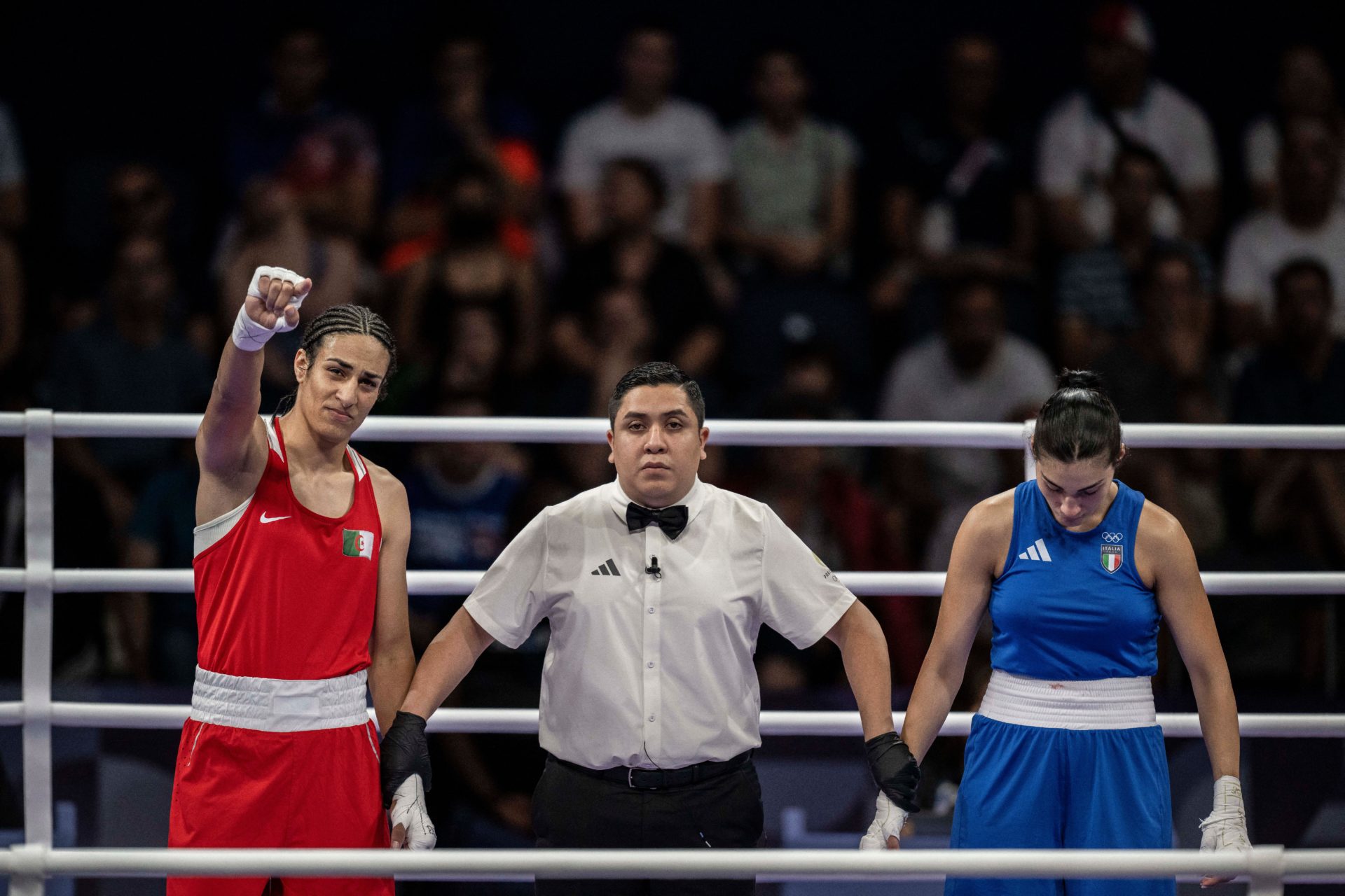 Imane Khelif winning the second round of the women's 66kg Olympics boxing. Image: Abaca Press / Alamy Stock Photo