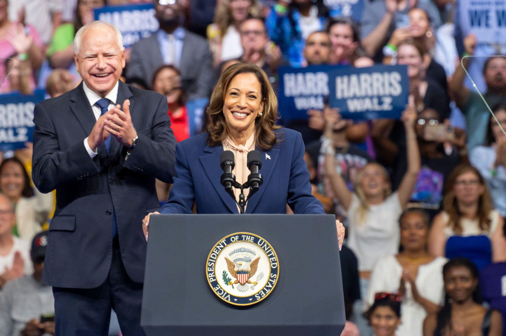 Kamala Harris and Tim Walz at their first rally. Image: ZUMA Press, Inc. / Alamy Stock Photo